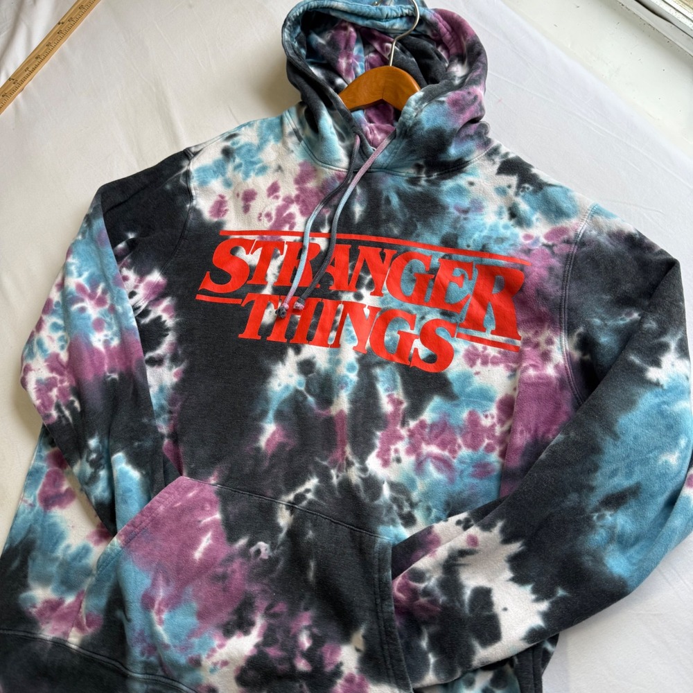 Stranger Things Tie Dye Hoodie XL Black Purple Teal Red Logo Graphic Sweatshirt